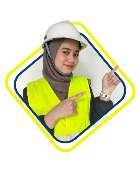 gambar wanita menggunakan rompi kuning dan topi putih berpakaian seperti petugas ahli k3 umum sedang menunjuk ke arah kiri