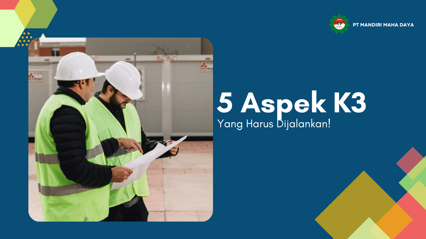 flyer berwarna biru untuk artikel 5 aspek k3 yang harus dijalankan!