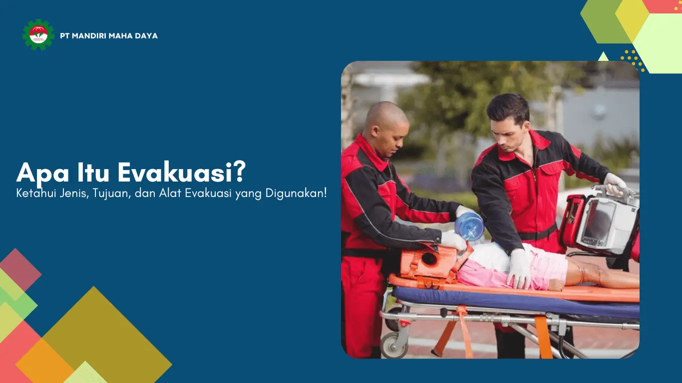 flyer berwarna biru dengan gambar 2 petugas sedang mengevakuasi anak kecil untuk artikel apa itu evakuasi