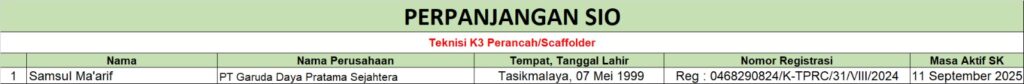 Perpanjangan SIO - Perpanjangan Teknisi K3 Scaffolder (PT Garuda Daya Pratama sejahtera)