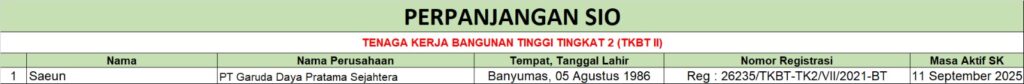 Perpanjangan SIO - TKBT Tingkat 2 (PT Garuda Daya Pratama sejahtera)