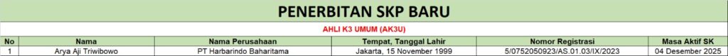 Penerbitan SKP Baru Ahli K3 Umum (AK3U) - PT Harbarindo Baharitama