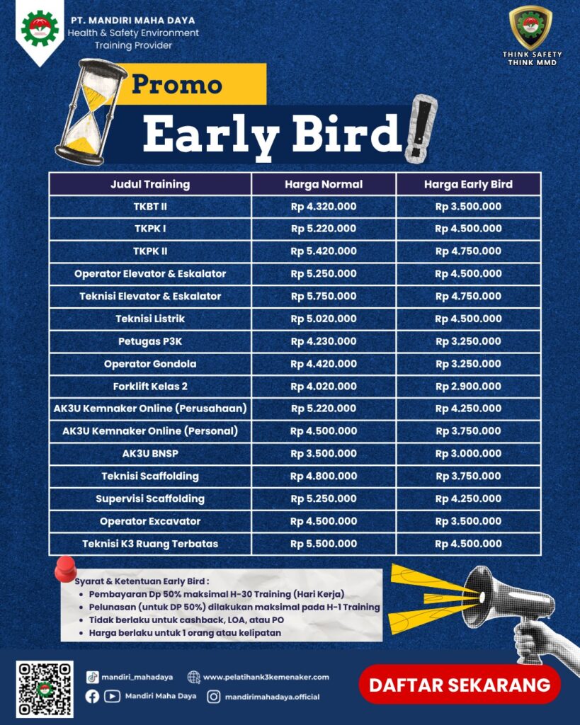 Jasa Pelatihan Bekerja di Ketinggian/WAH/TKPK/TKBT 1 Early Bird Pelatihan